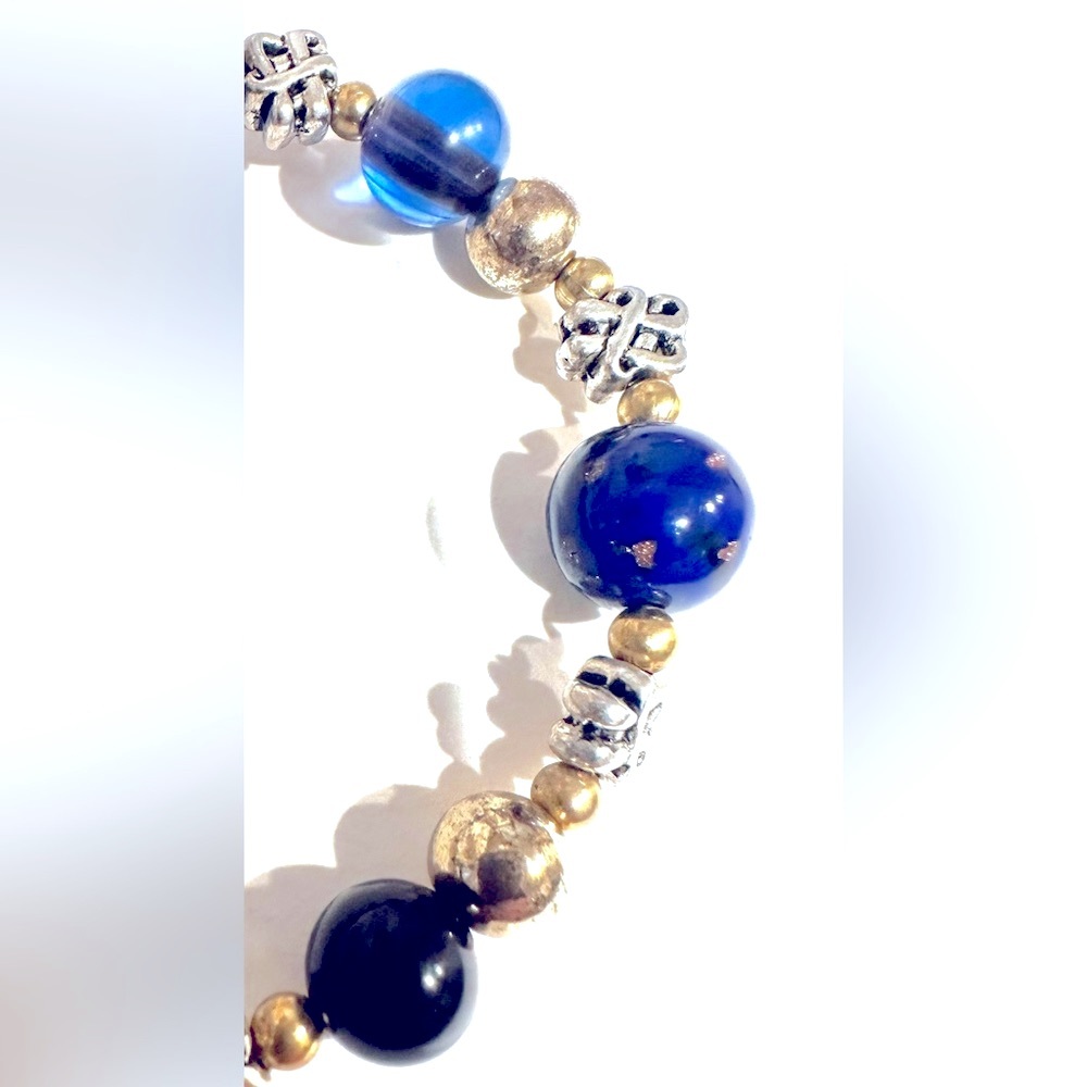 Blue Lapis Stone$⬇️💗 Bracelet W/Gld speckled Lapis,Blue Beach Glass, SS heart😊